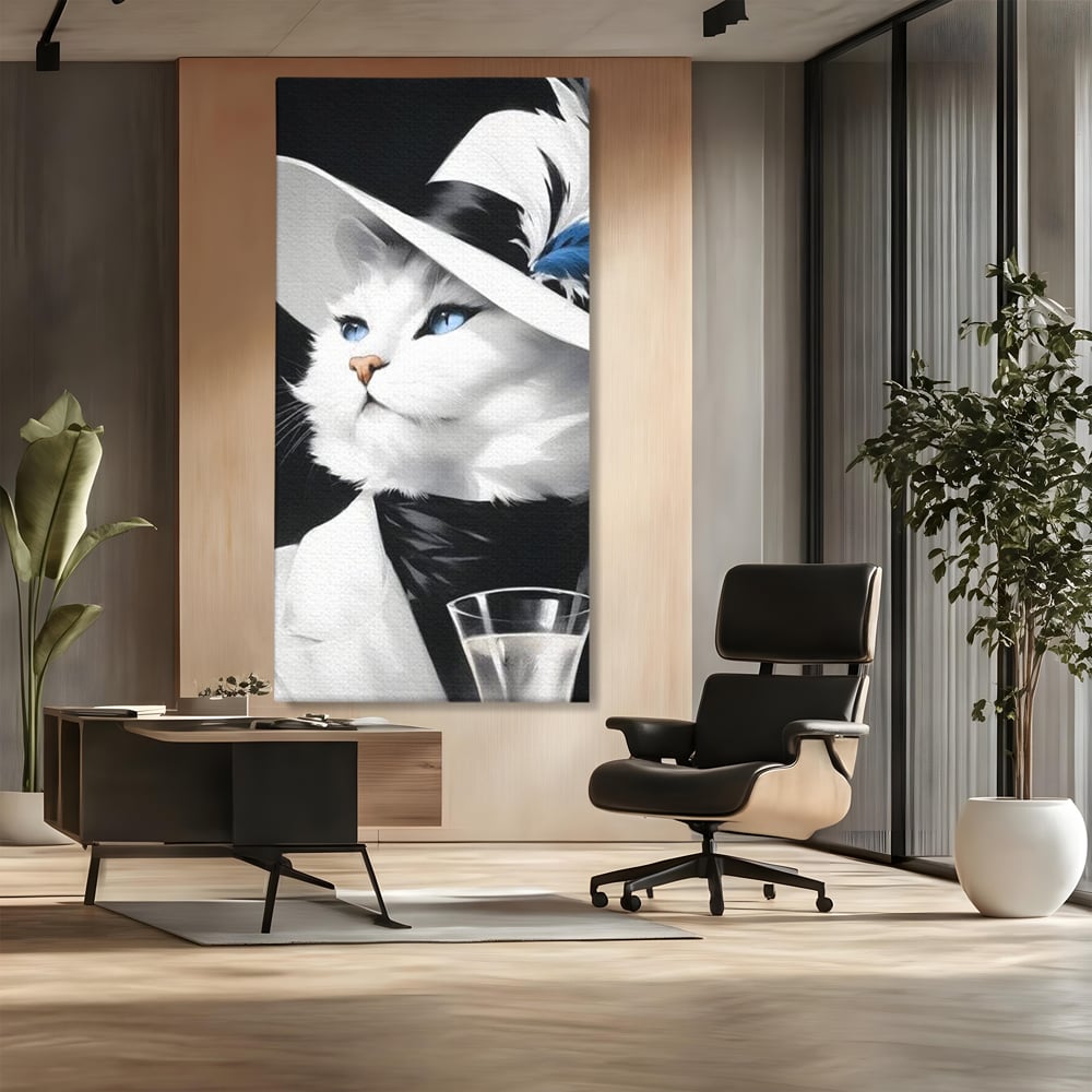 Tablou canvas cu tablou canvas cu pisica aristocrata purtand palarie, fara rama, pe sasiu de lemn, pe perete intr-un birou